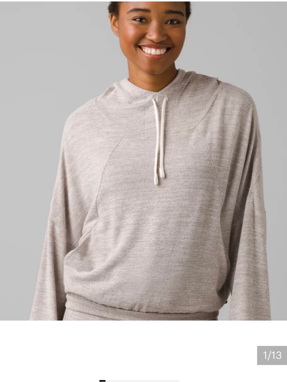 PrAna Unwind Lounge Top Oatmeal Heather large athleisure boxy cropped hoodie